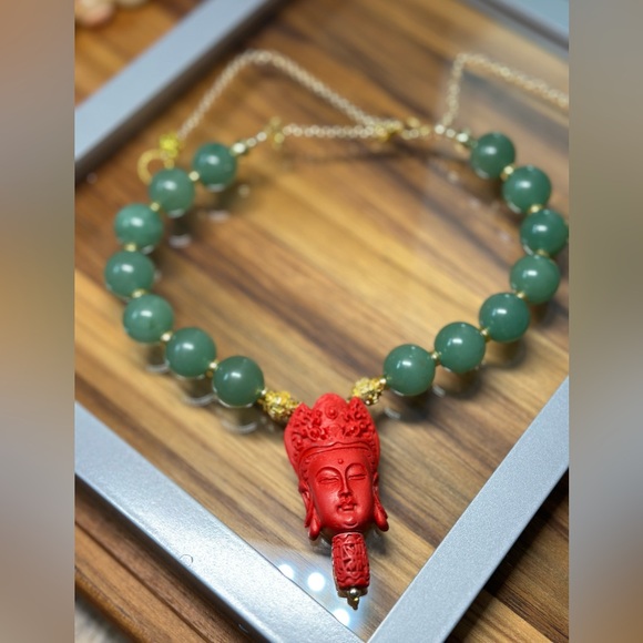 JADE AVENTURINE + CINNABAR BUDDAS HEAD NATURAL STONES CHOKER NECKLACE - Picture 5 of 9